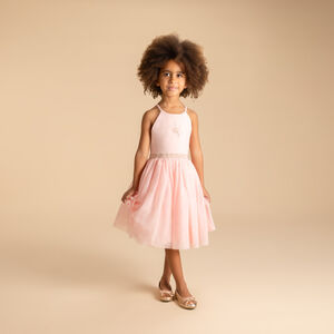 Robe de cérémonie bi-matière à bretelles et fleur pour fille 