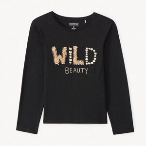 T-shirt manches longues uni noir fantaisie pour fille  
