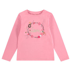 Tee-shirt manches longues en jersey avec print floral et pompons 