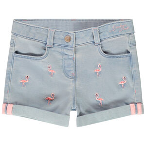 Short en jean broderies flamants roses pour bébé fille 