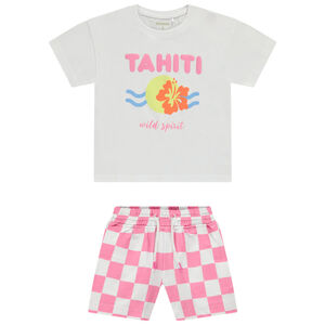 Ensemble t-shirt manches courtes fantaisie + short en damier pour fille 