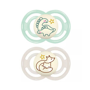 Lot de 2 sucettes silicone Perfect Nuit 6M+ animaux (modèle aléatoire) 