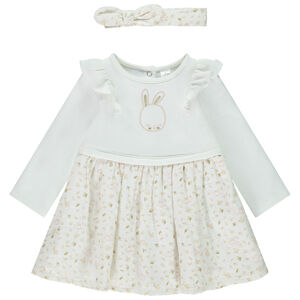 Ensemble 2 pièces robe effet 2 en 1 Lapin + bandeau pour bébé fille 