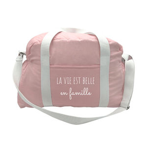 Sac à langer en lin "La vie est belle en famille" rose 