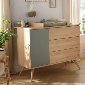 Commode à 3 tiroirs et 1 porte Seventies aspect chêne doré/sauge 