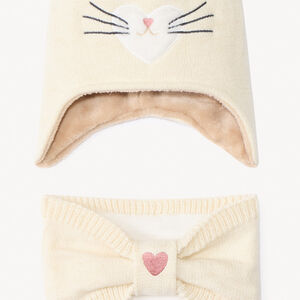 Set en tricot bonnet ludique chat + snood pour bébé fille 