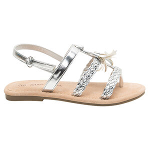 Nu-pieds argentés avec brides tressées et pompon 