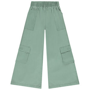 Pantalon évasé uni vert en toile à poches pour fille  
