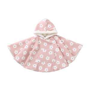 Poncho ciré à capuche doublé sherpa imprimé fleurs rose 