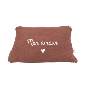 Trousse de toilette en gaze de coton "Mon amour" - Vieux rose 