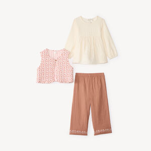 Ensemble 3 pièces bébé fille tunique + pantalon + gilet sans manches fleuris 