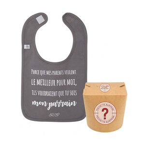 Pochette surprise avec bavoir d'annonce "Mon Parrain" 