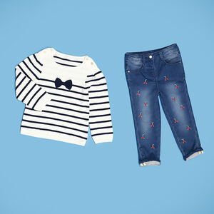 Jean slim en denim like avec broderies cerises pour bébé fille 
