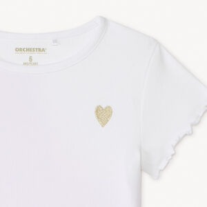 T-shirt manches courtes en maille côtelée uni broderie cœur pour fille 