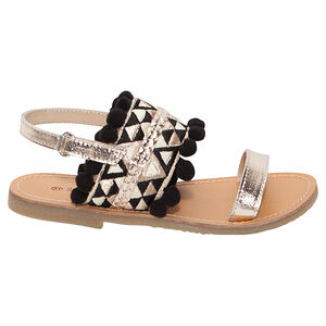 Nu-pieds dorés en cuir style ethnique avec pompons 