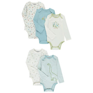 Lot de 5 bodies manches longues motifs dinos pour bébé garçon avec ouvertures différentes selon l'âge 