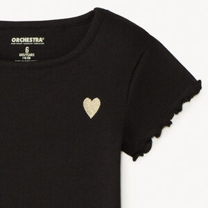 T-shirt manches courtes côtelé à cœur brodé pour fille 