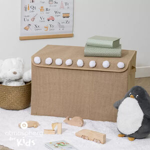 Coffre de rangement en jute et pompons fantaisie 36 x 57 cm 