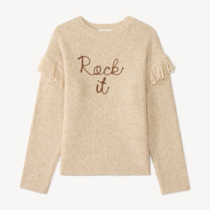 Pull tricot fille à franges lettrage en cording 