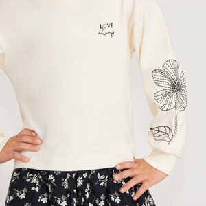 Robe fille bi-matière manches longues broderie fleurie 