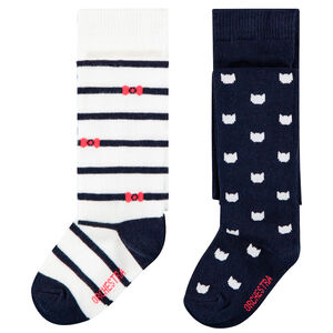 Lot de 2 collants épais rayés et motif chats pour bébé fille 