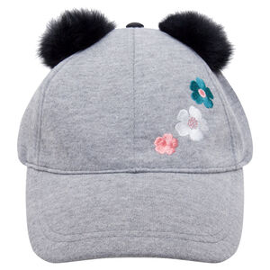 Casquette en jersey avec pompons et fleurs brodées 