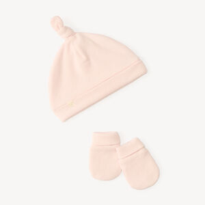 Ensemble naissance bonnet et moufles en nid d'abeille 