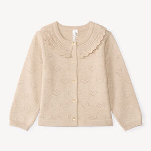 Gilet tricot ajouré en forme de cœur bébé fille avec col volanté 