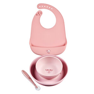 Coffret repas 4 pièces avec bavoir silicone – Biche Rose 