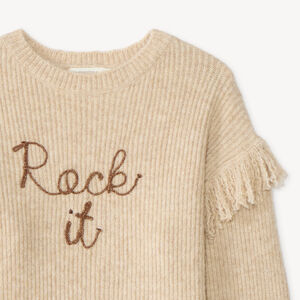 Pull tricot fille à franges lettrage en cording 