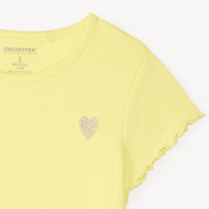 T-shirt manches courtes en maille côtelée uni broderie cœur pour fille 