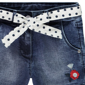Short denim avec ceinture foulard imprimé pois et fleur brodée pour fille 
