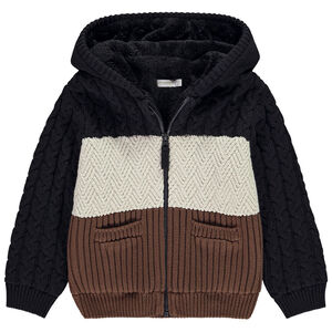 Gilet en tricot fantaisie effet colorblock + capuche pour garçon 