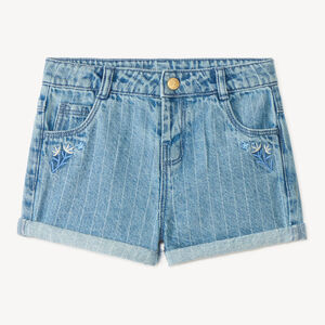 Short en jean à rayures surpiquées et broderie fleurs pour bébé fille 