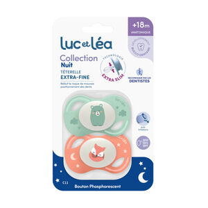 Lot de 2 sucettes silicone Extra-fines Nuit 18M+ ours/renard 