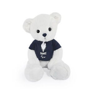 Nounours blanc Équipe de France Paris 2024 avec t-shirt bleu 
