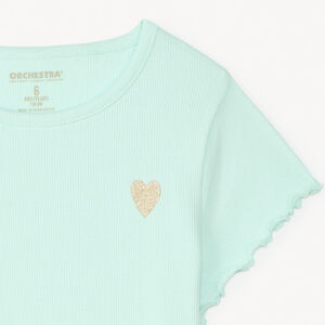 T-shirt manches courtes en maille côtelée uni broderie cœur pour fille 