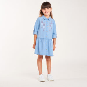 Robe-chemise fille manches longues broderies fantaisie 