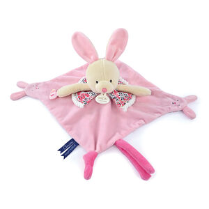 Doudou plat avec marionnette à doigt lapin rose 