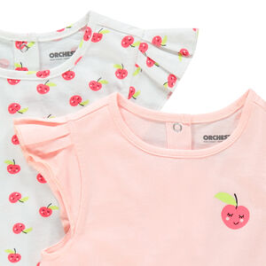 Lot de 2 t-shirts en coton bio uni/imprimé all-over à manches volantées 