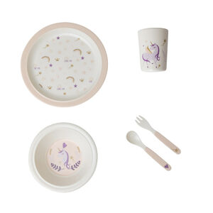 Set repas 5 pièces en mélamine Licorne rose/écru 