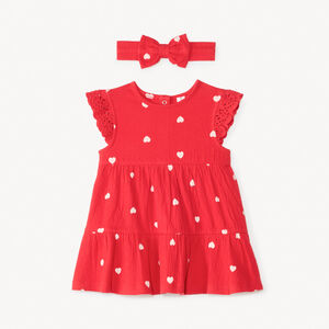 Ensemble robe manches courtes + bandeau imprimé cœurs pour bébé fille 