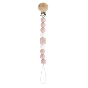 Attache-sucette en bois et silicone rose 