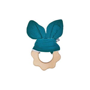 Hochet de dentition en bois et tissu vert paon 