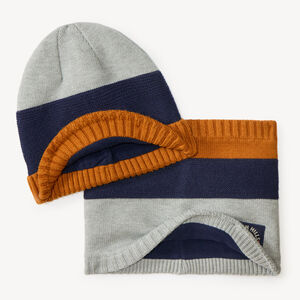 Ensemble bonnet et snood en maille à bandes contrastées 
