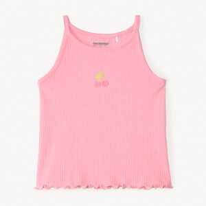 Débardeur court en maille côtelée broderie cerise pour fille 