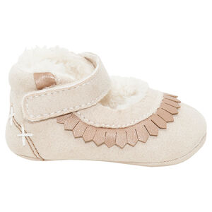 Babies en tissu avec franges fantaisie doublées en fausse fourrure 