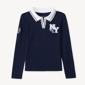 T-shirt fille manches longues style polo uniforme patch "NY" 