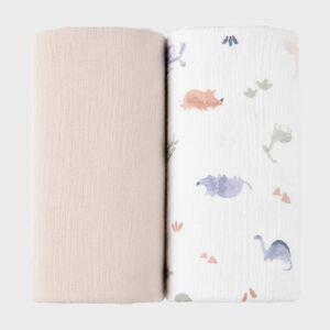 Lot de 2 langes 100x100cm Mousseline de coton bio Dino 