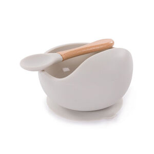 Bol en silicone avec ventouse + cuillère en bois Gris 